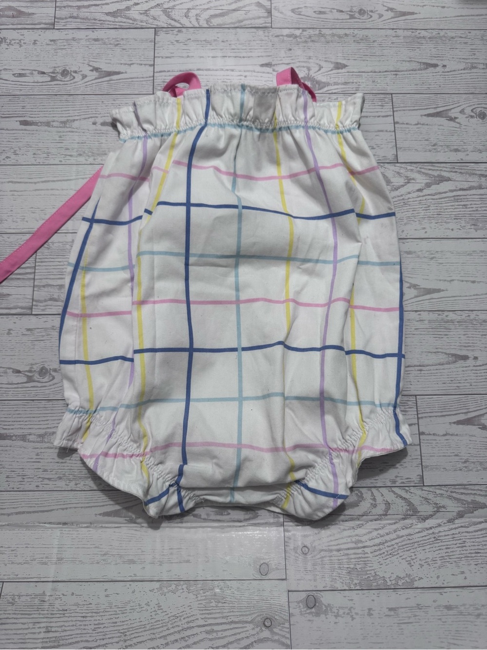 The Beaufort Bonnet Company White Windowpane Check Bubble Romper with Pink Ties